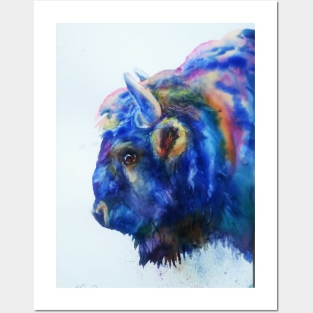 Buffalo Bison Cowboy Watercolor Blue Wall Art by CunninghamWatercolors